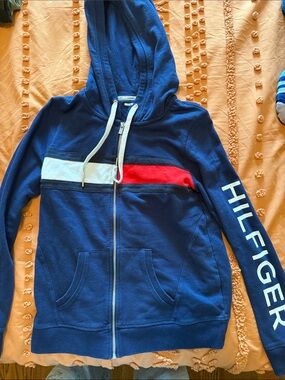Tommy Hilfiger Blue Zip Hoodie with Red & White Chest Stripe
